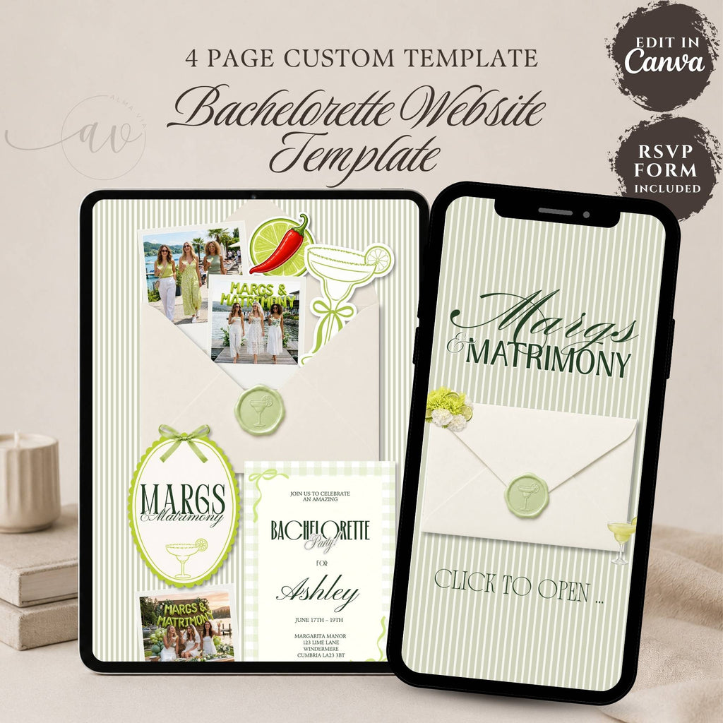 Margs and Matrimony bachelorette website template featuring a margarita-themed celebration with RSVP and itinerary pages.