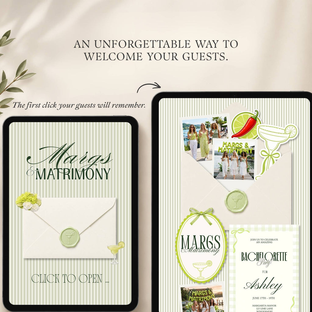 Detailed guide showing everything included in the Margs and Matrimony Canva bachelorette website template.