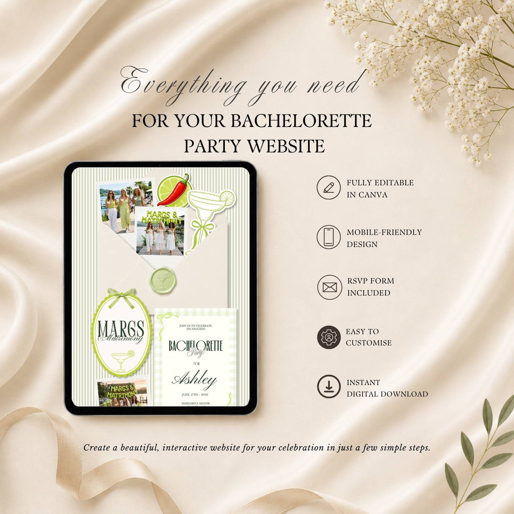 Feature overview of the Margs and Matrimony bachelorette website including RSVP forms, travel details and party information