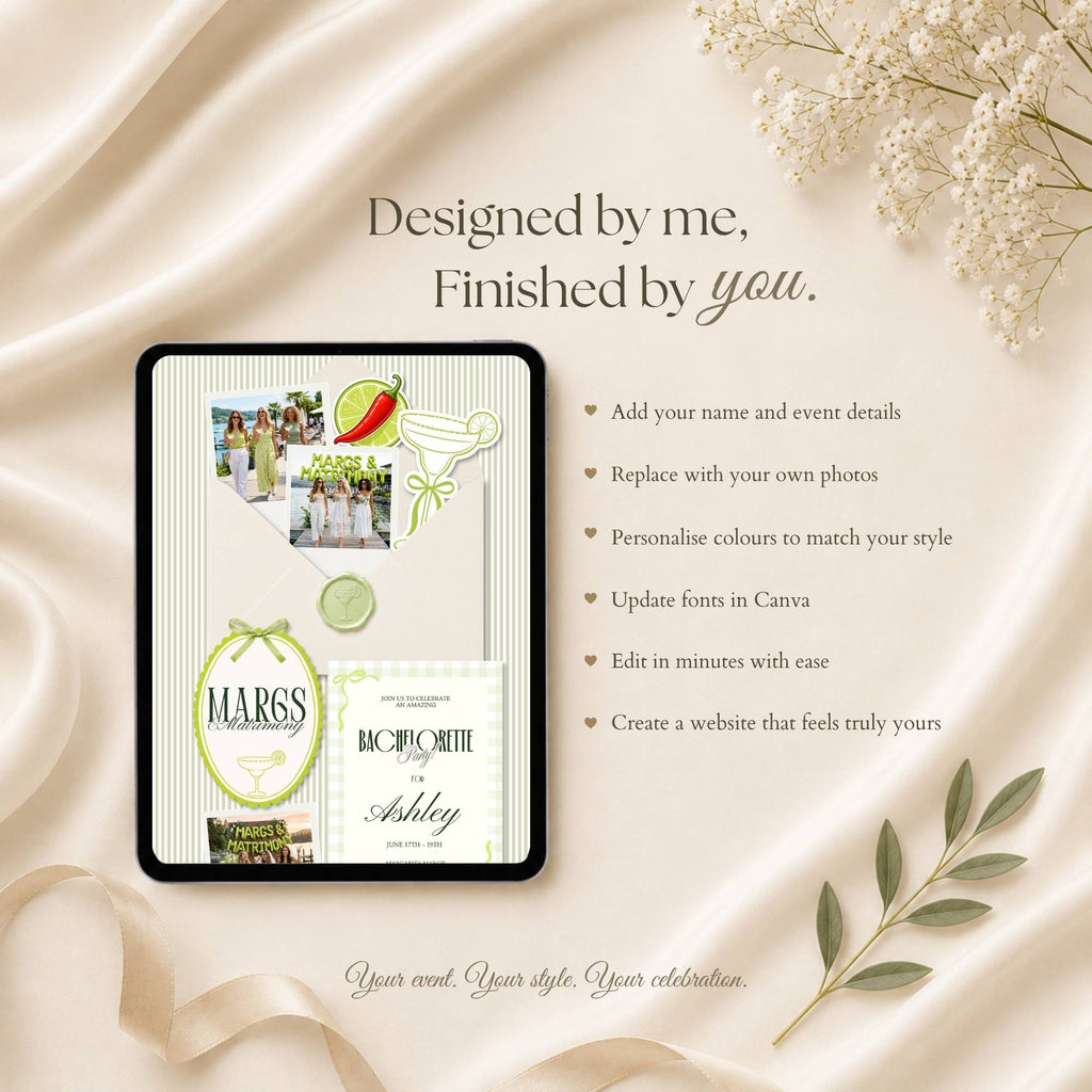Fully customizable Canva bachelorette website template with editable text, photos, colors and event details.