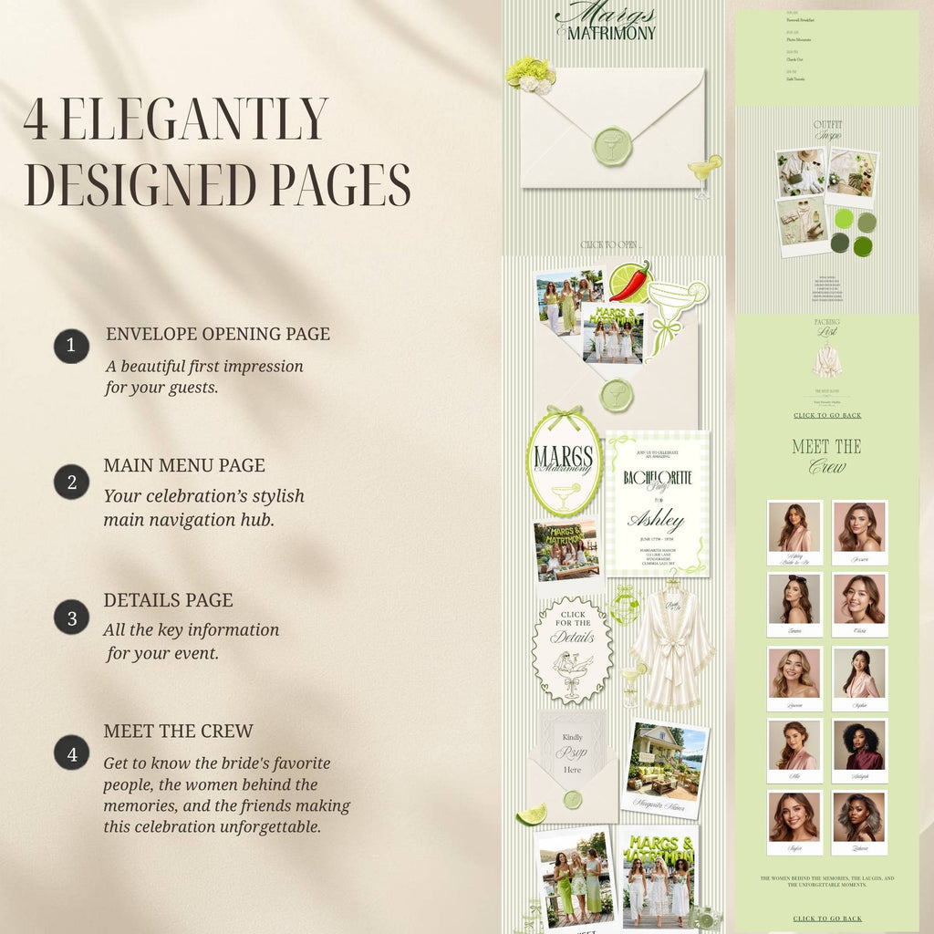 Preview of the included pages inside the Margs and Matrimony bachelorette website template.