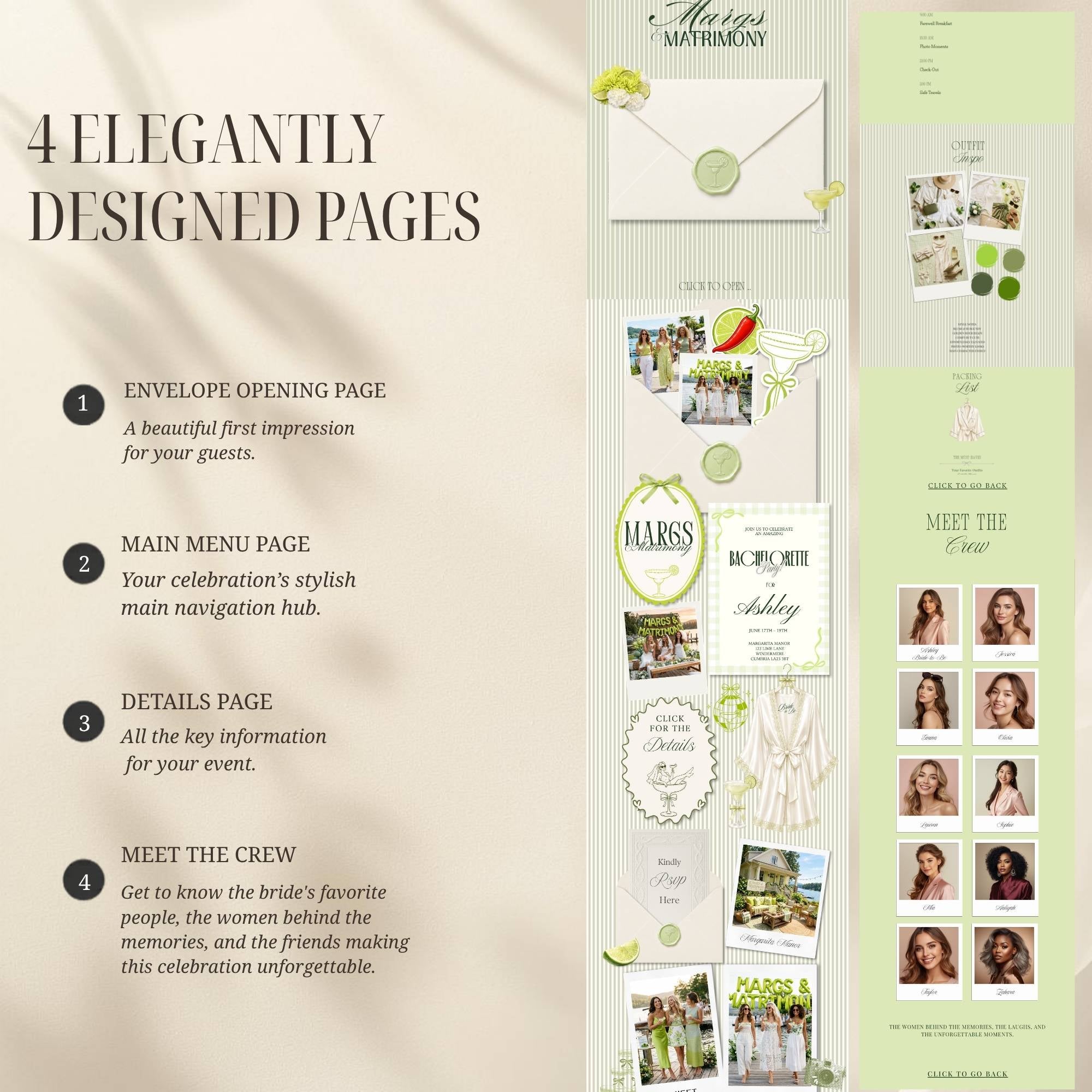 Preview of the included pages inside the Margs and Matrimony bachelorette website template.