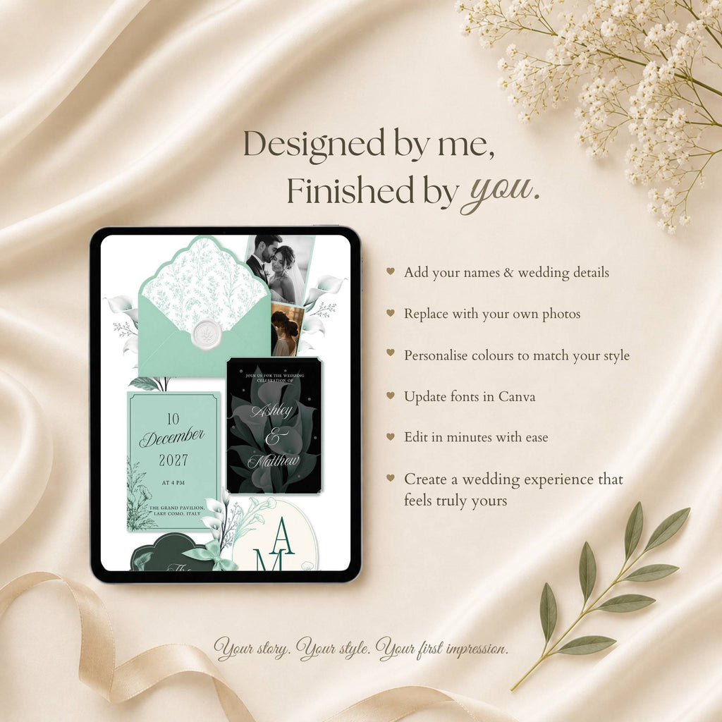 Wedding details page with ceremony reception and travel information in mint green theme