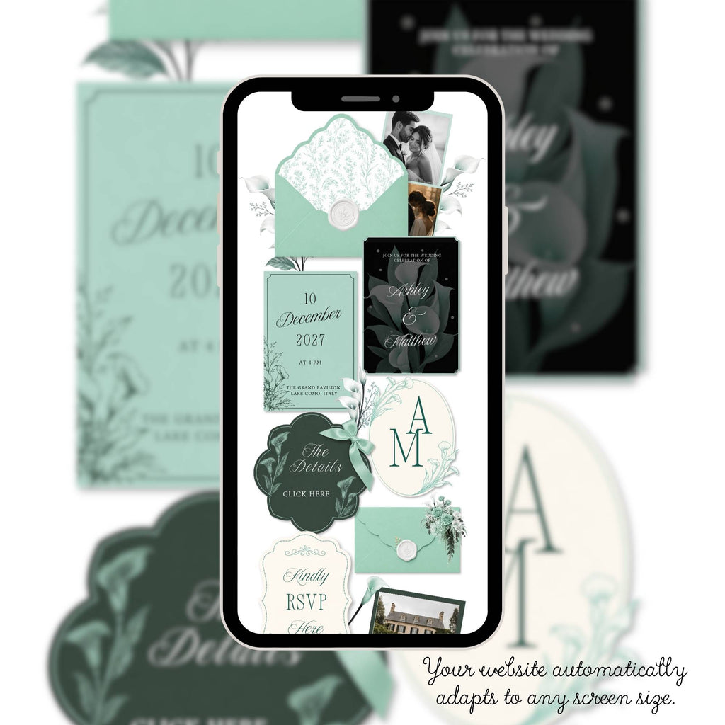 Love story page for mint green wedding website template editable in Canva