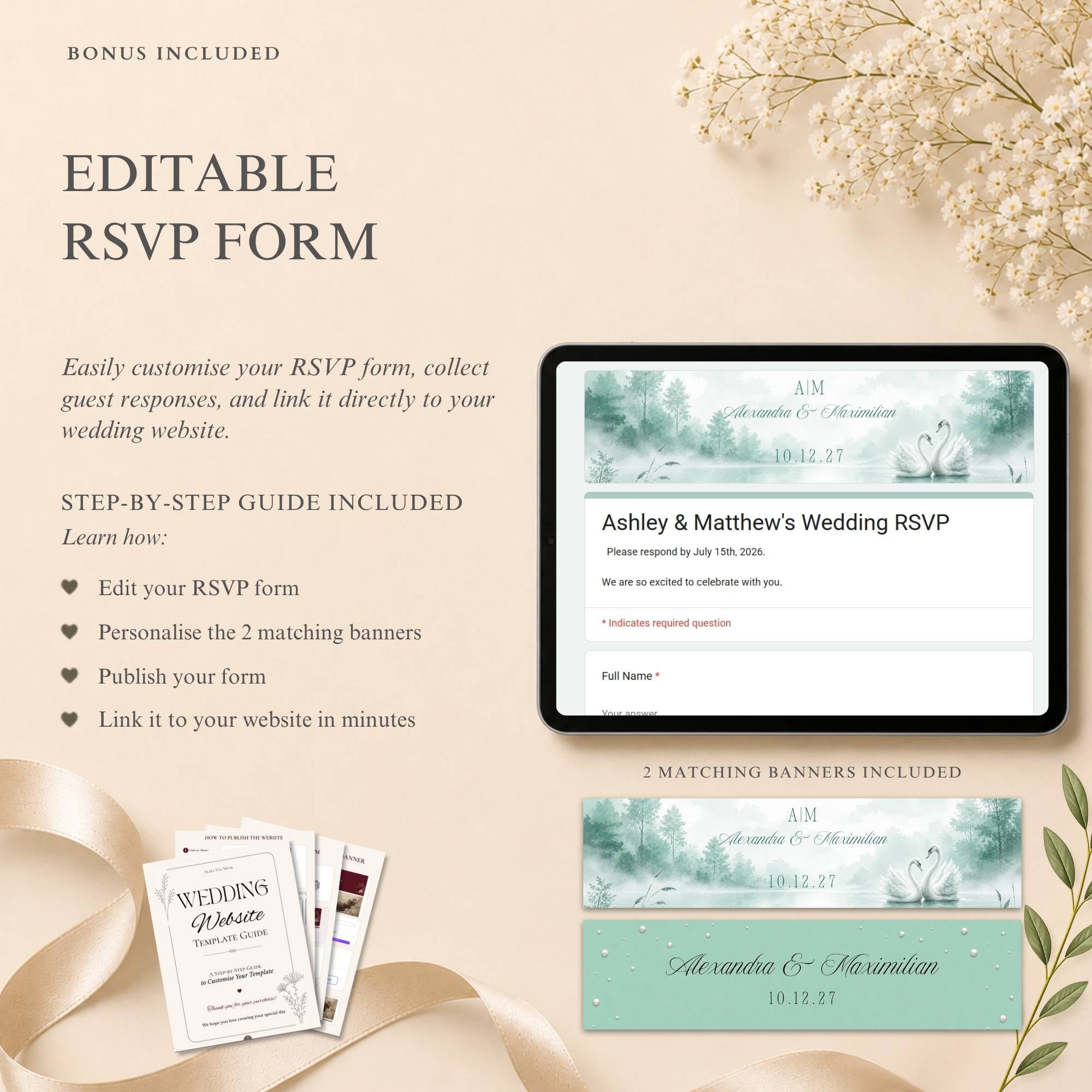 Wedding RSVP page template included with mint green wedding website
