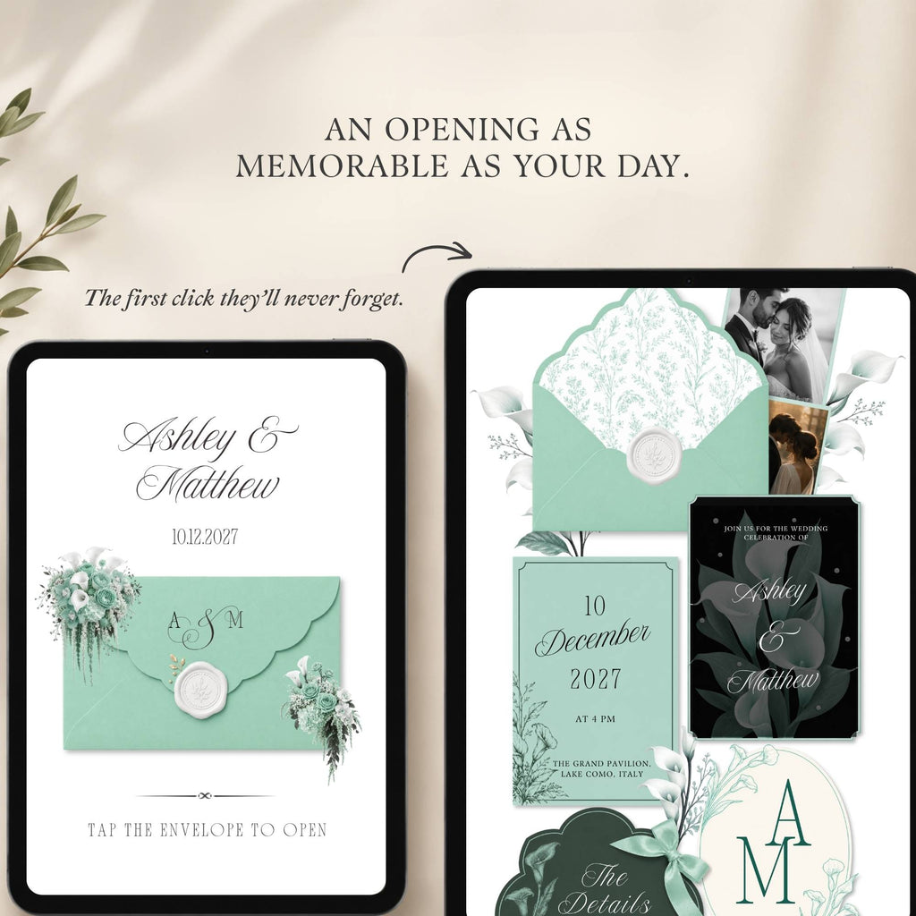 Mint green Canva wedding website homepage with calla lily floral details