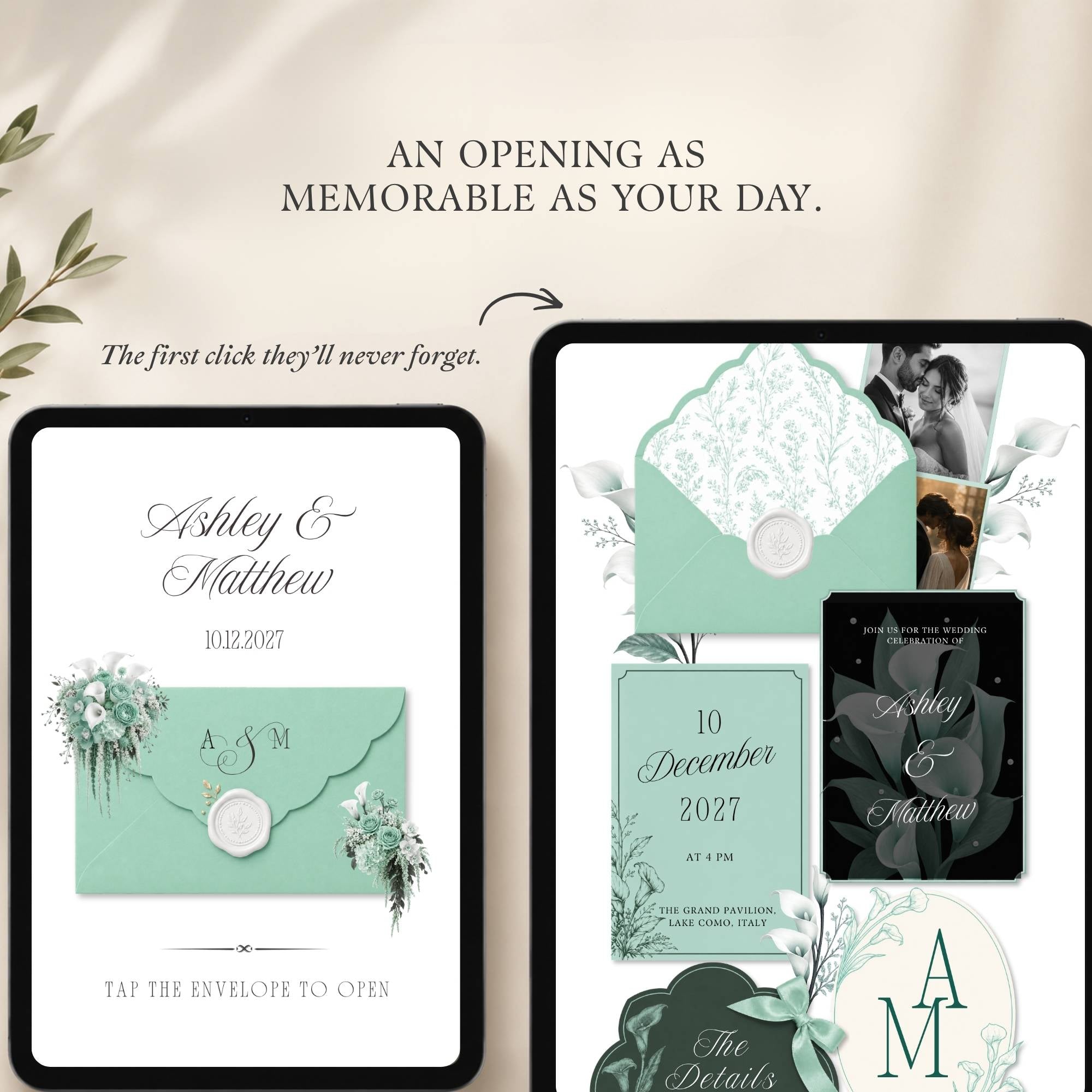 Mint green Canva wedding website homepage with calla lily floral details