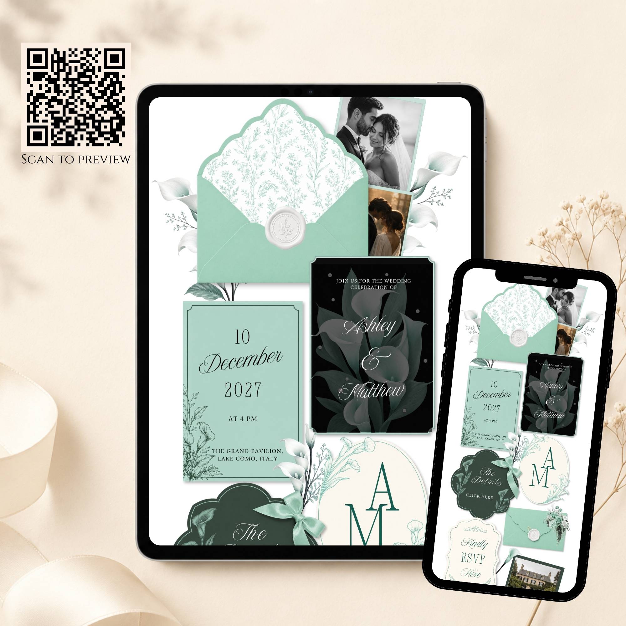 Mobile wedding website template with mint green calla lily floral design