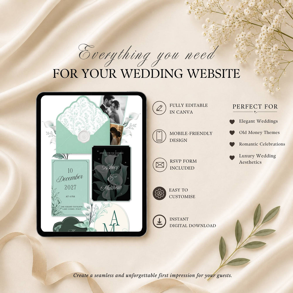 Four page mint green wedding website template featuring RSVP page love story page and wedding details page