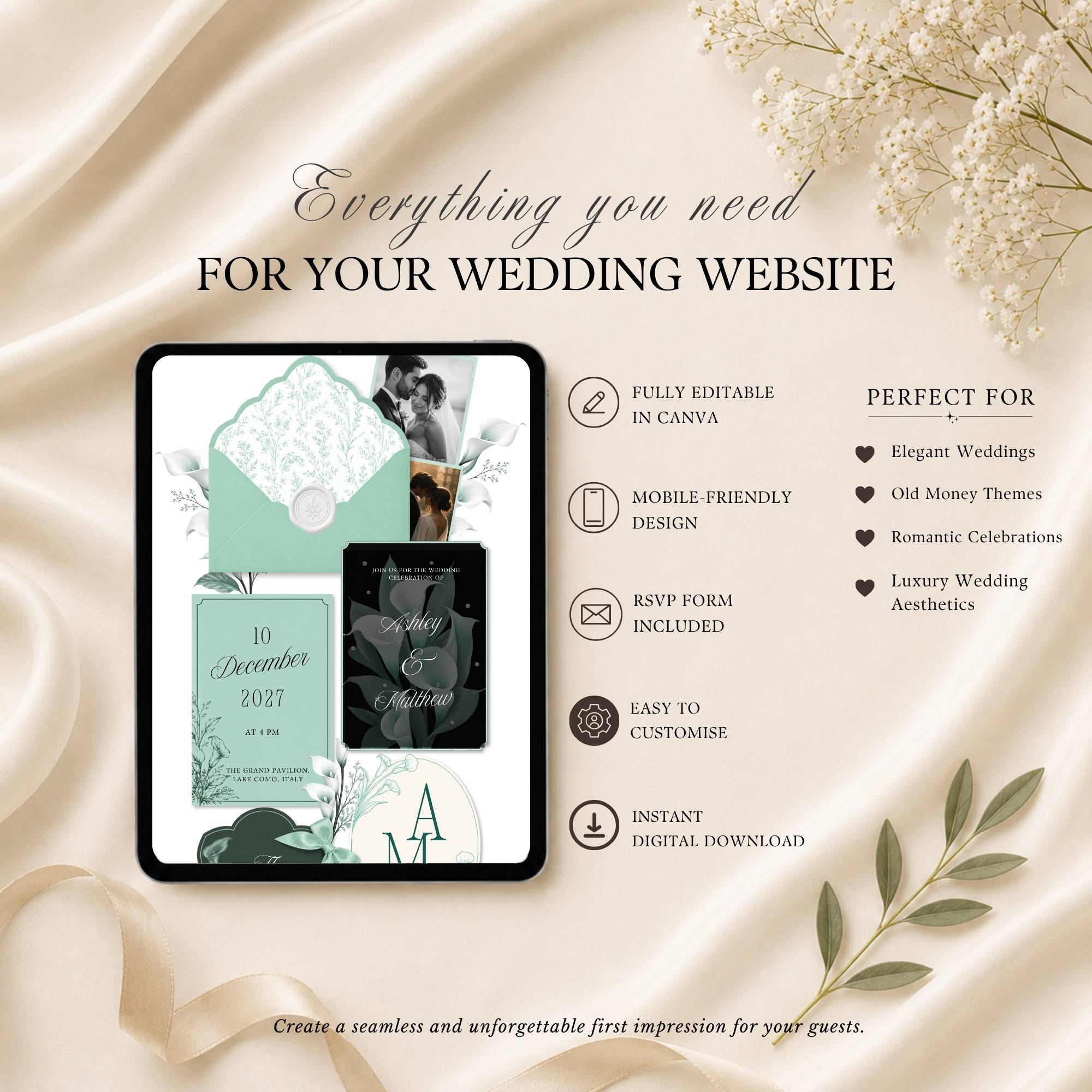 Four page mint green wedding website template featuring RSVP page love story page and wedding details page