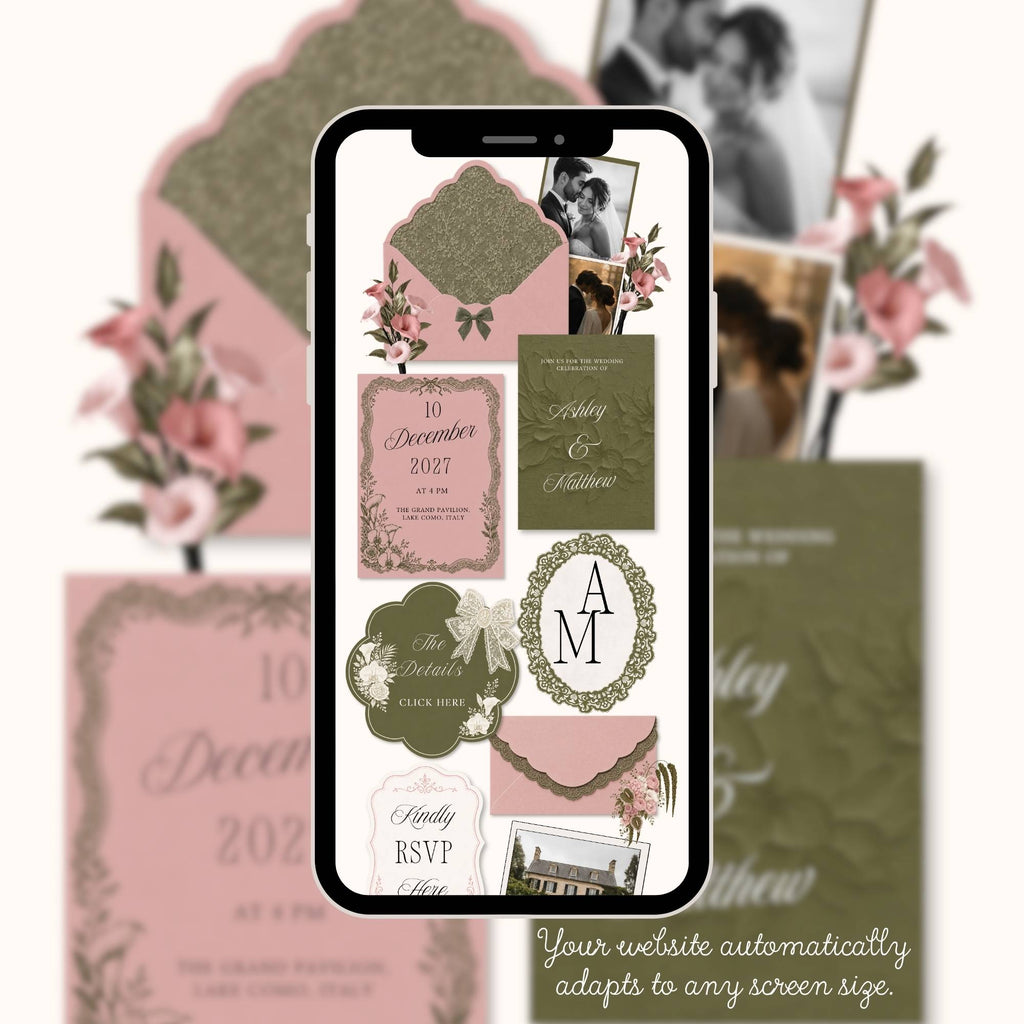 Mobile-friendly floral wedding website template for phones tablets and desktop.