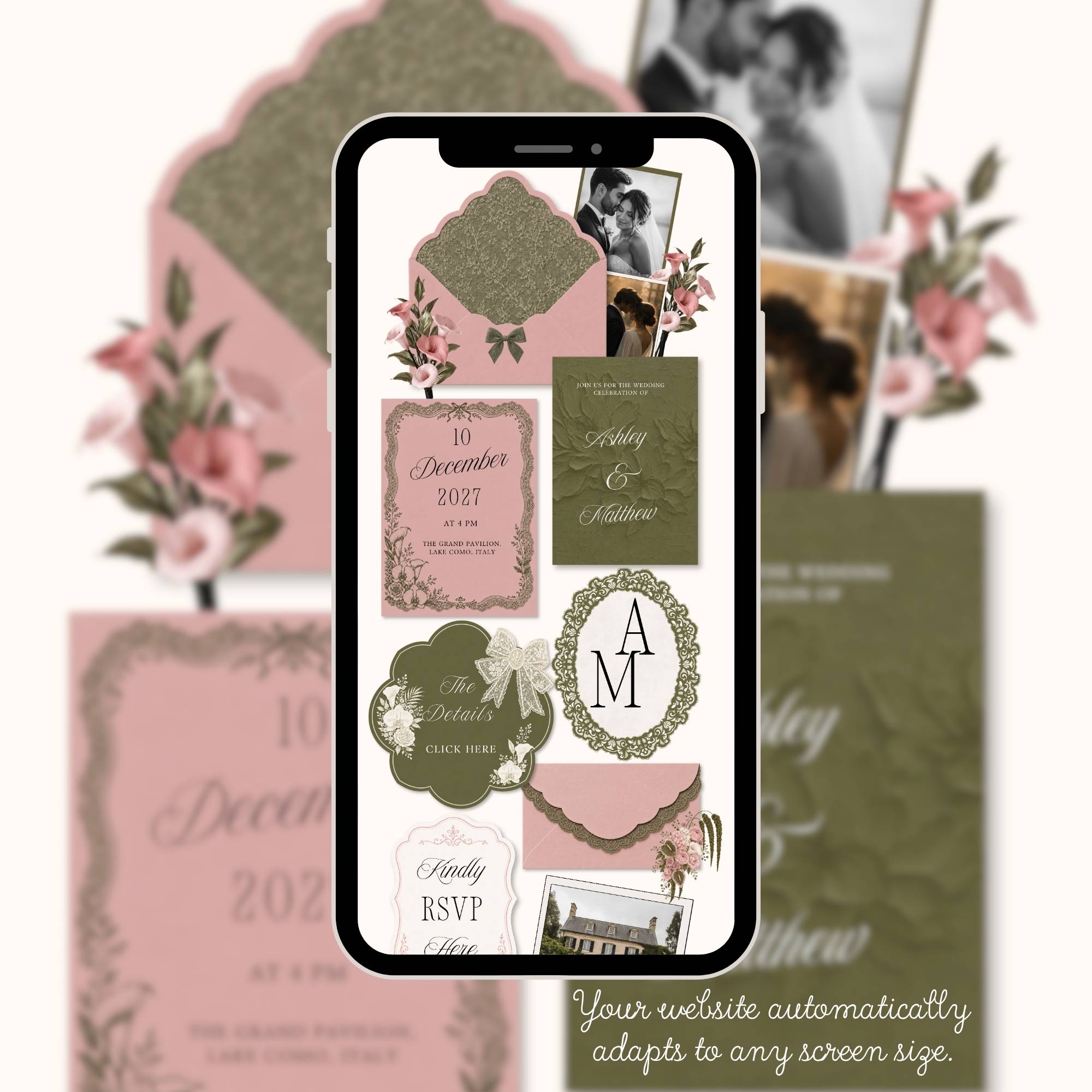 Mobile-friendly floral wedding website template for phones tablets and desktop.