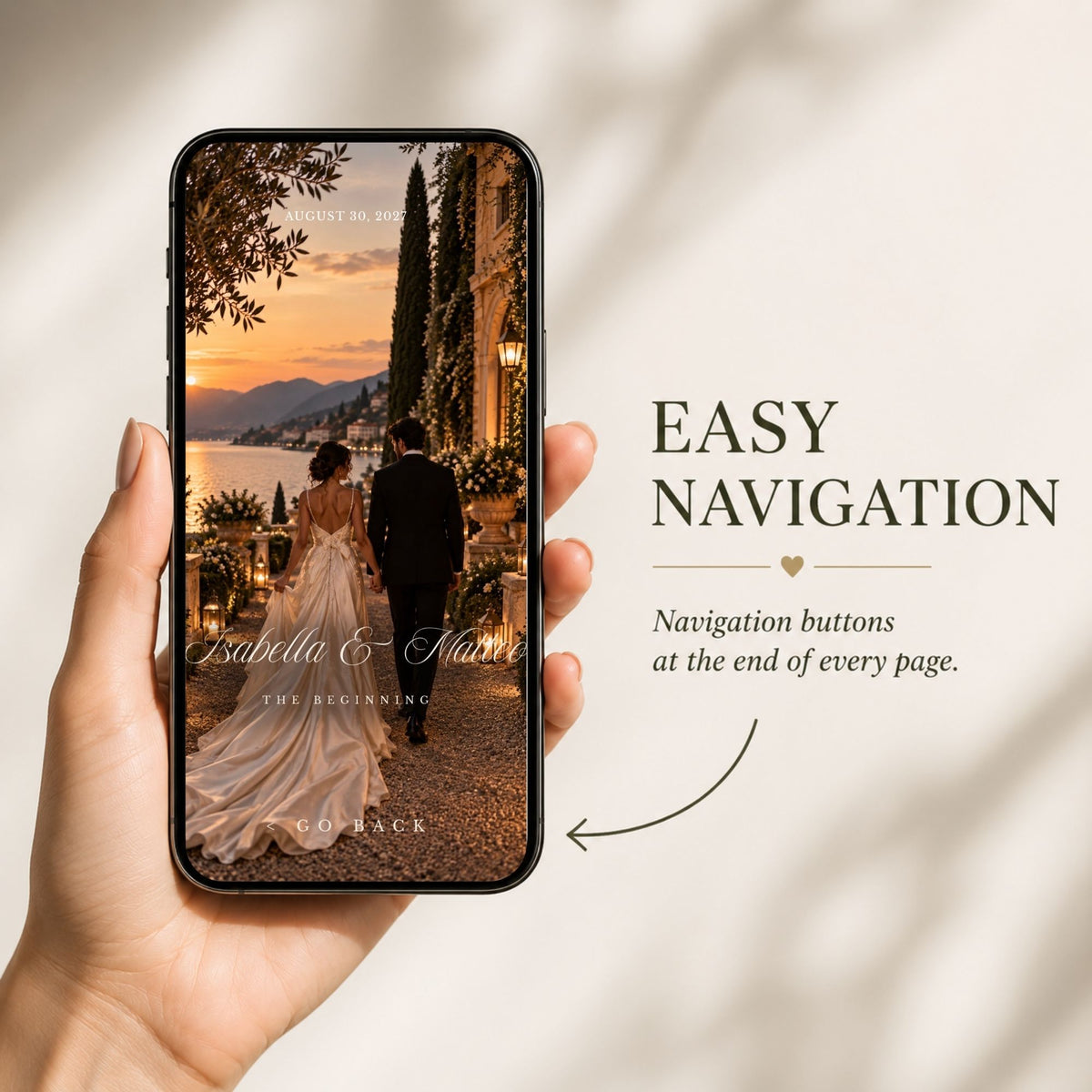 Mobile wedding website with easy navigation buttons for browsing the Italian-inspired digital invitation.