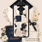 Navy and cream wedding website template showing wedding details and love story pages
