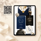 Mobile view of navy passport-inspired destination wedding website with interactive opening page.