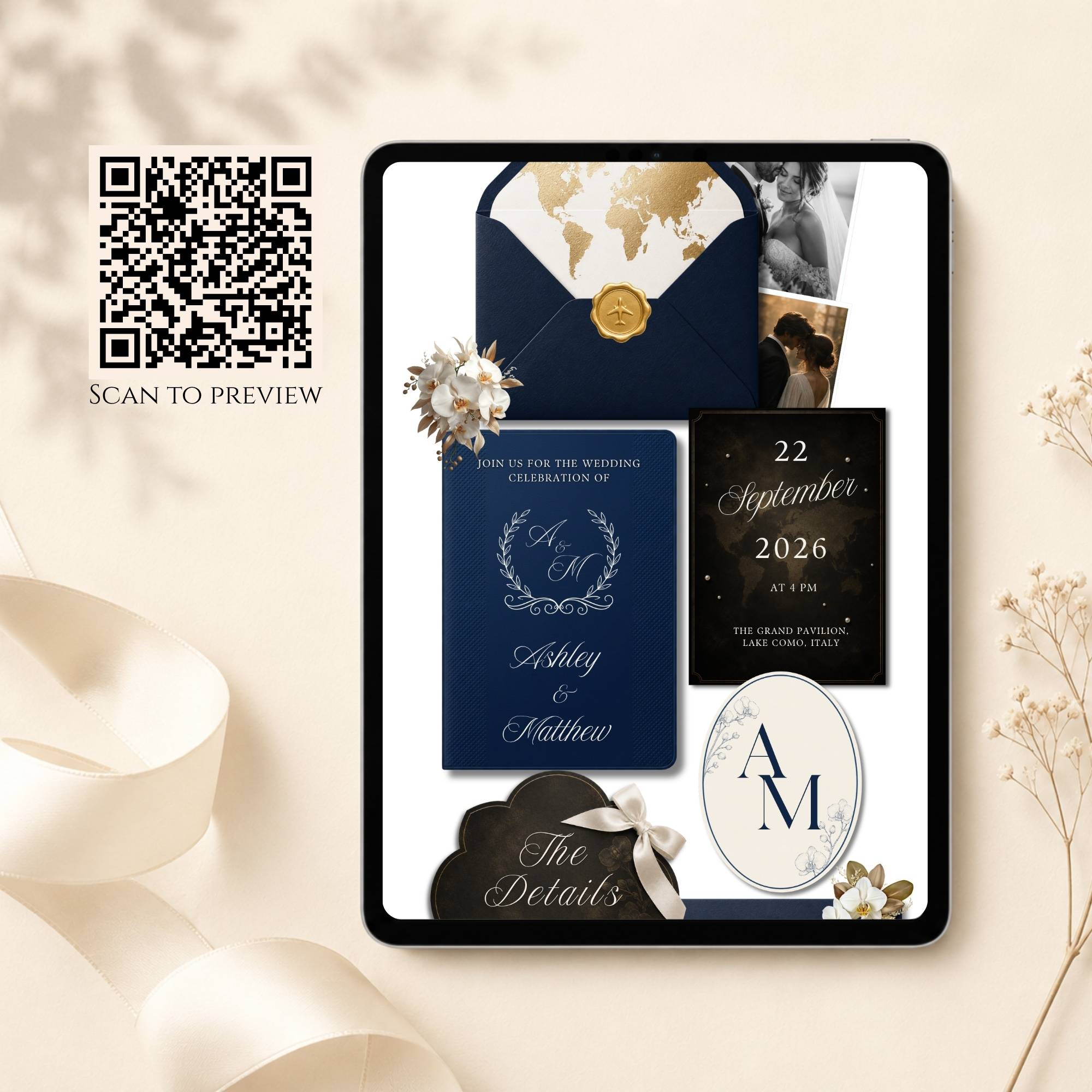Mobile view of navy passport-inspired destination wedding website with interactive opening page.