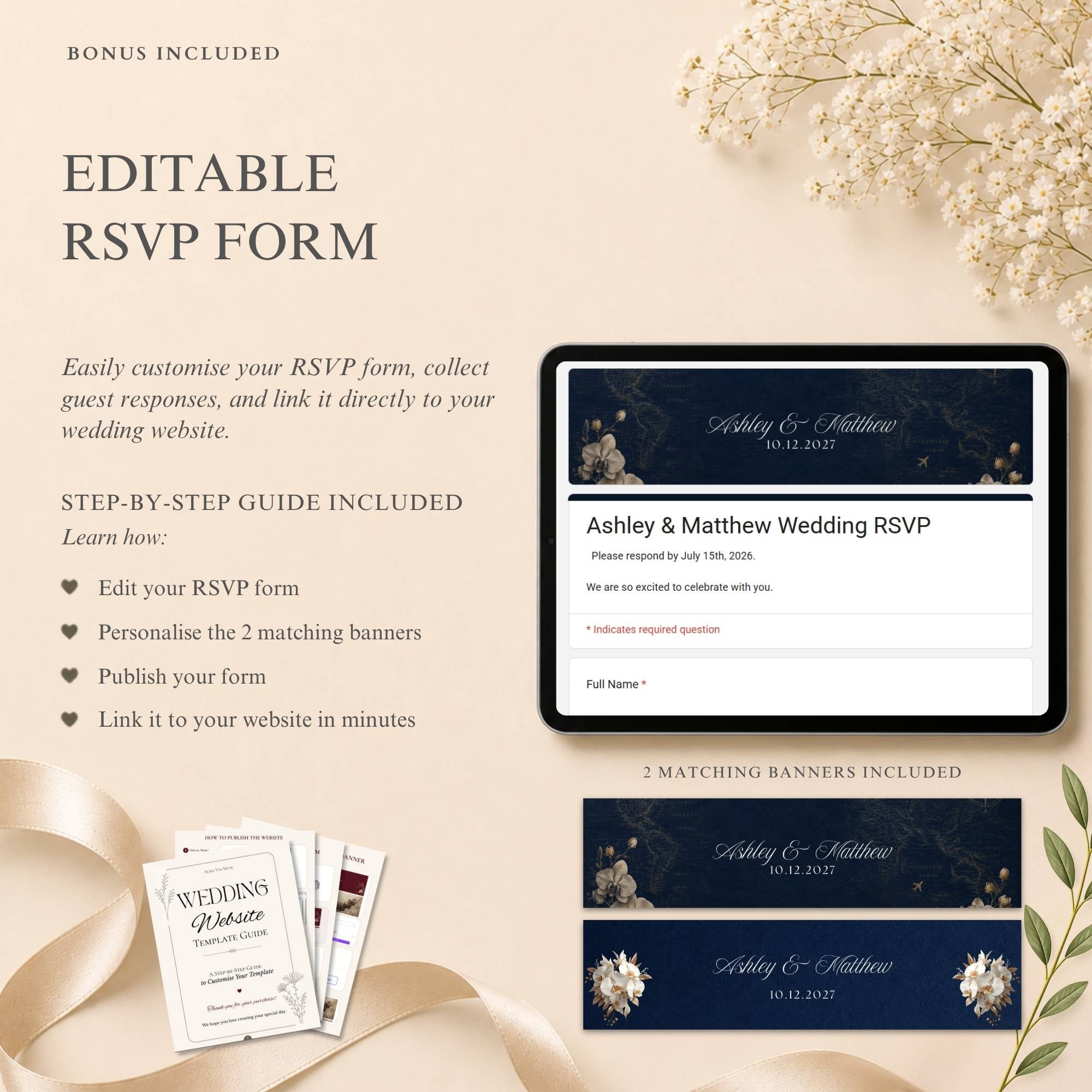 Elegant navy blue and gold wedding website template with destination wedding details.