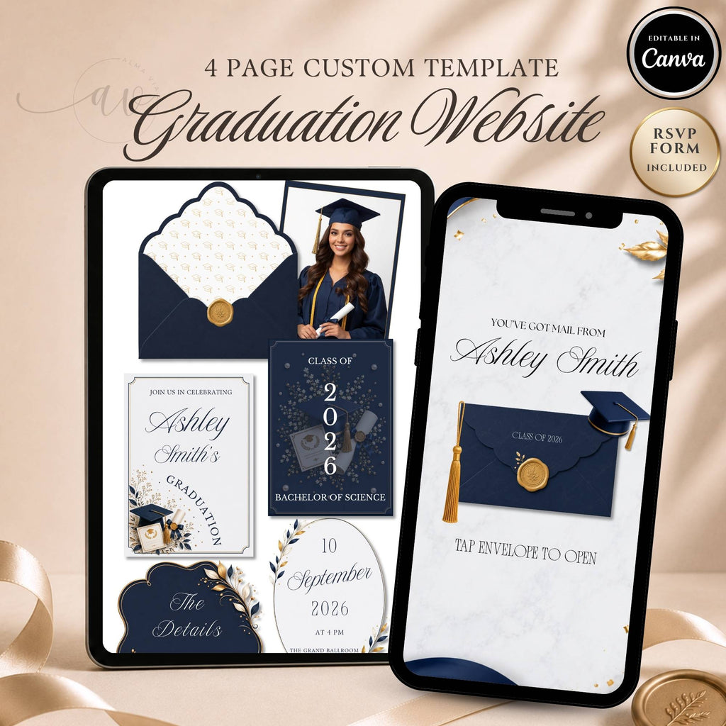 Navy graduation website template featuring an elegant graduation party website with RSVP.