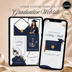 Navy graduation website template featuring an elegant graduation party website with RSVP.