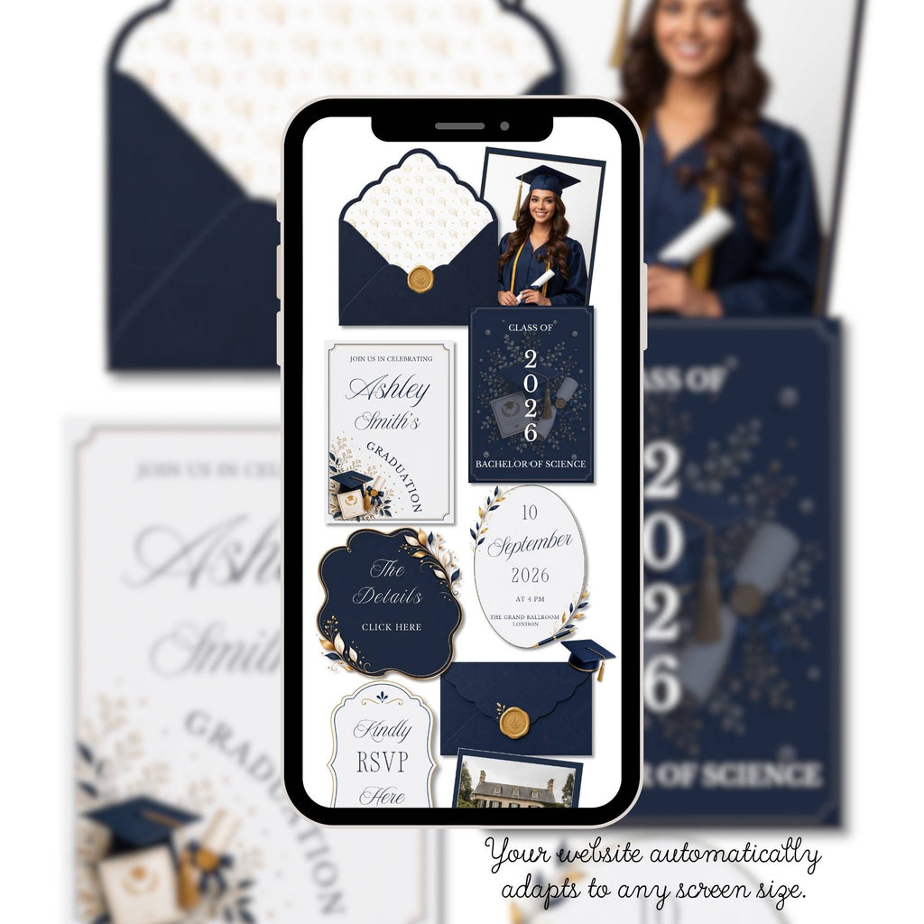 Mobile-friendly navy graduation website with simple navigation and RSVP access.