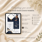 Graduation website template featuring event details, graduate spotlight, RSVP form, and photo gallery.