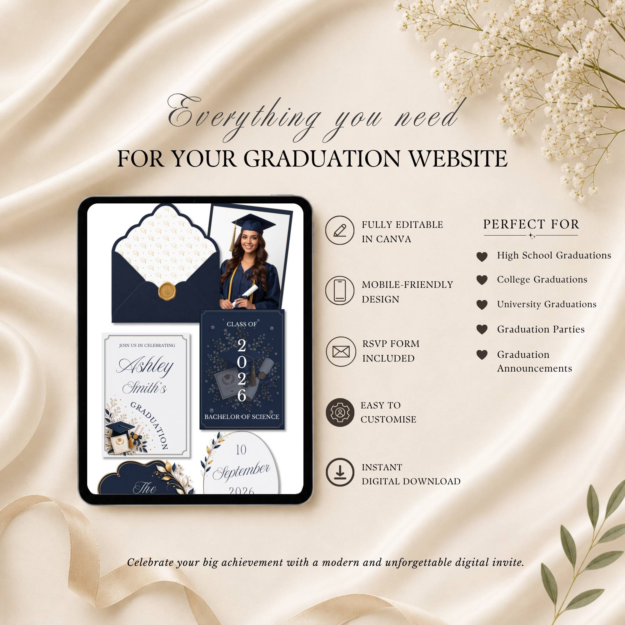 Graduation website template featuring event details, graduate spotlight, RSVP form, and photo gallery.