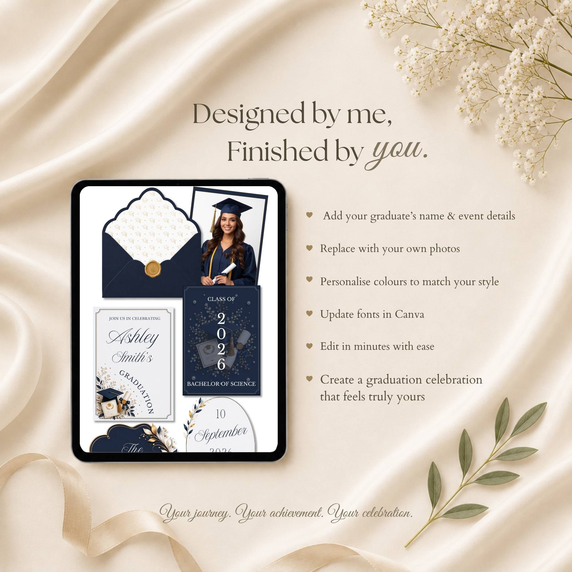 Editable Canva graduation website template with customizable colors, fonts, text, and photos.
