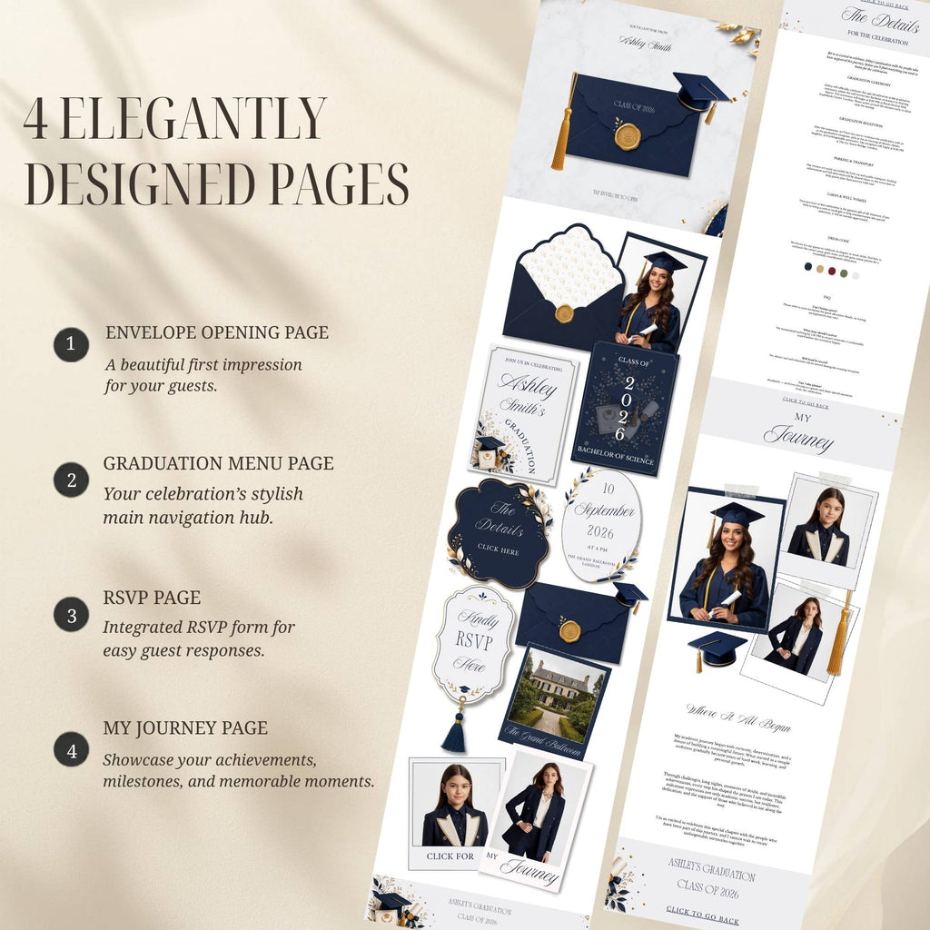 Graduation website template including homepage, RSVP page, event details, and graduate profile sections.