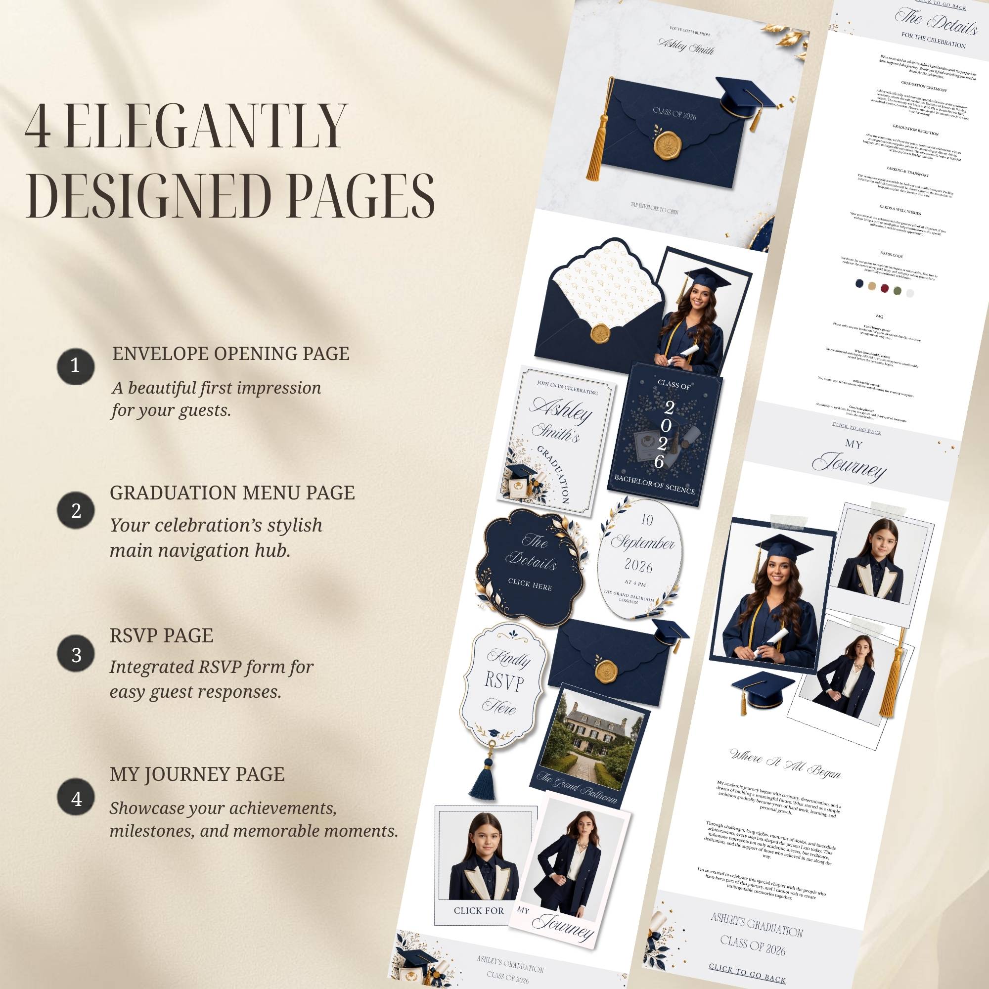 Graduation website template including homepage, RSVP page, event details, and graduate profile sections.