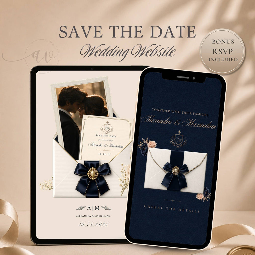 Navy and ivory save the date website template featuring an elegant wedding announcement website with RSVP.