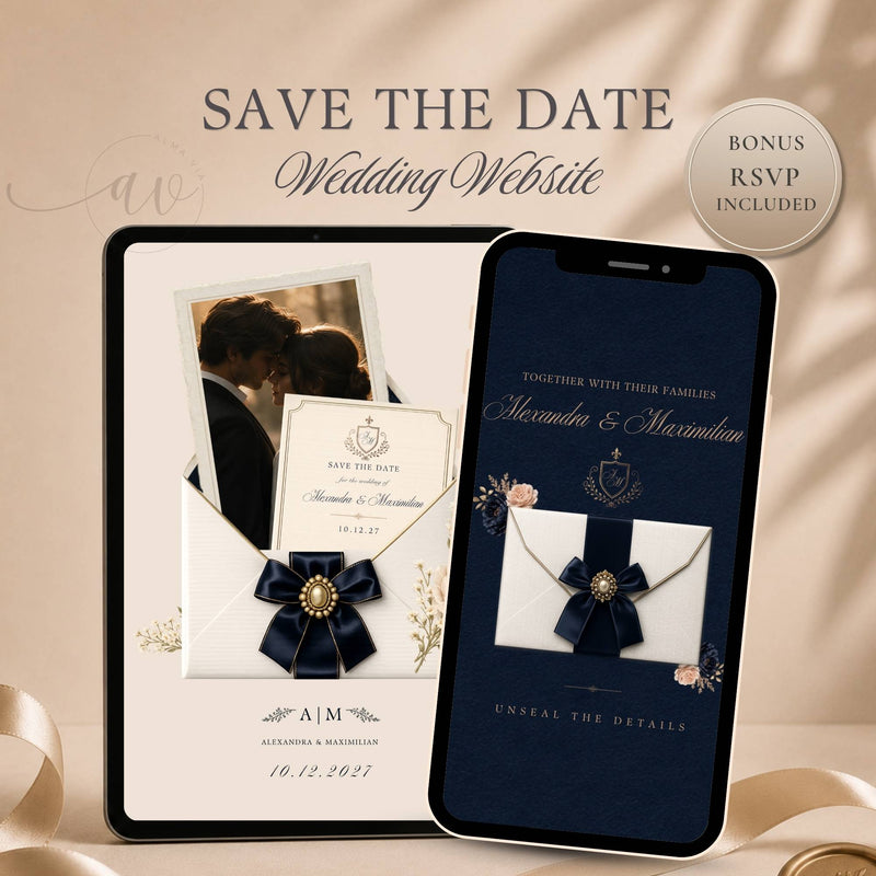 Navy and ivory save the date website template featuring an elegant wedding announcement website with RSVP.
