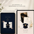 Overview of the navy and ivory save the date website template layout, sections, and editing options.