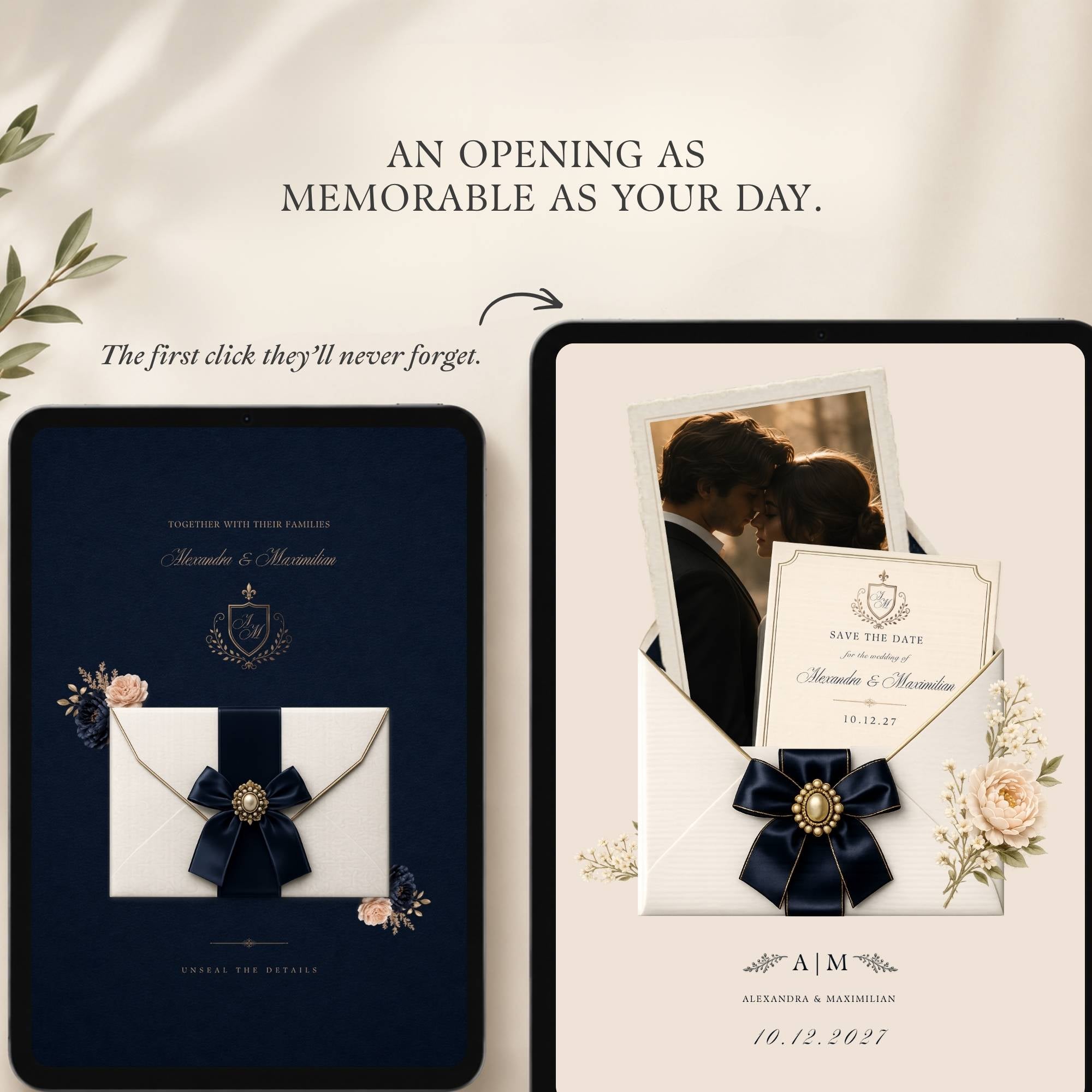 Overview of the navy and ivory save the date website template layout, sections, and editing options.