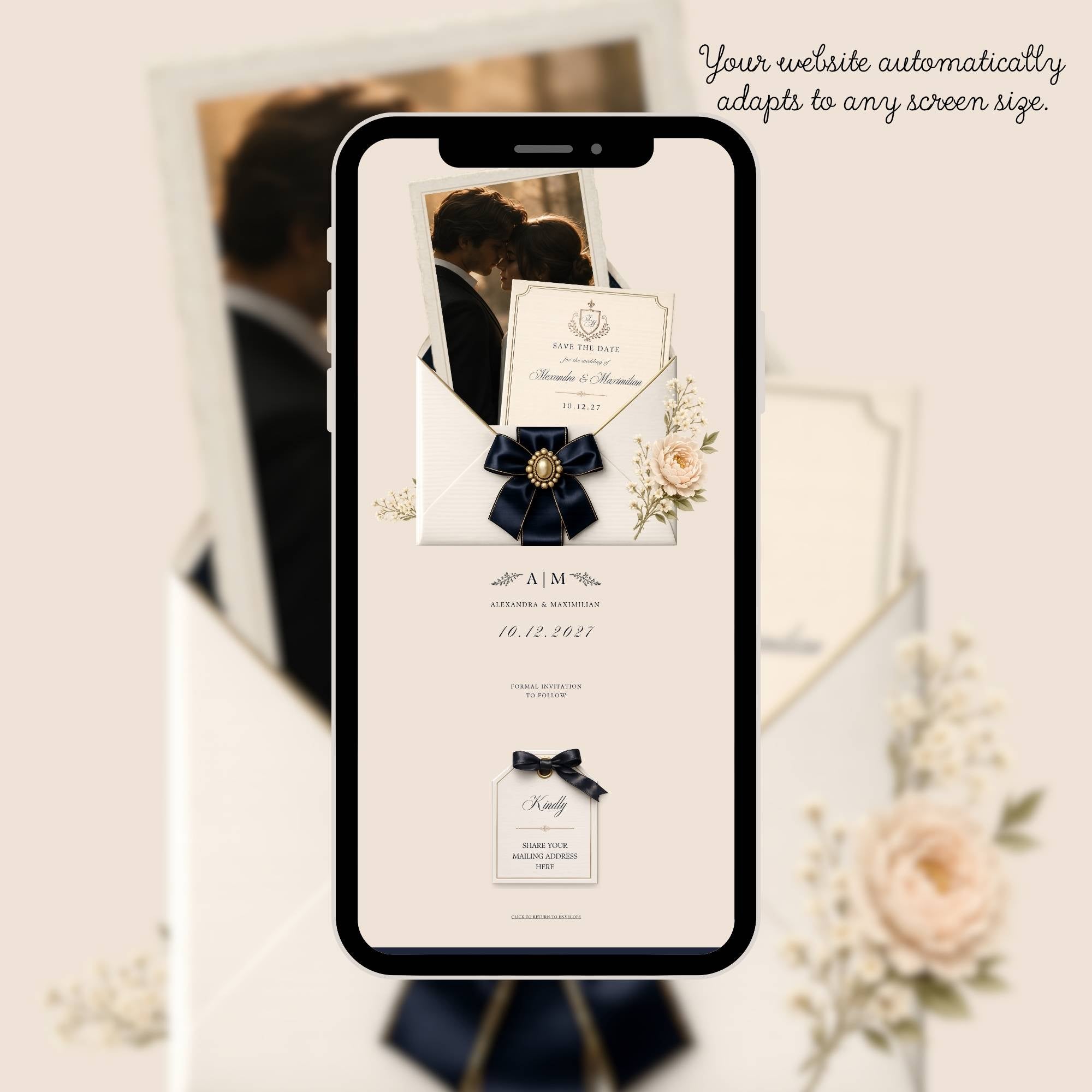 Mobile-friendly navy and ivory save the date website with simple navigation and RSVP access.
