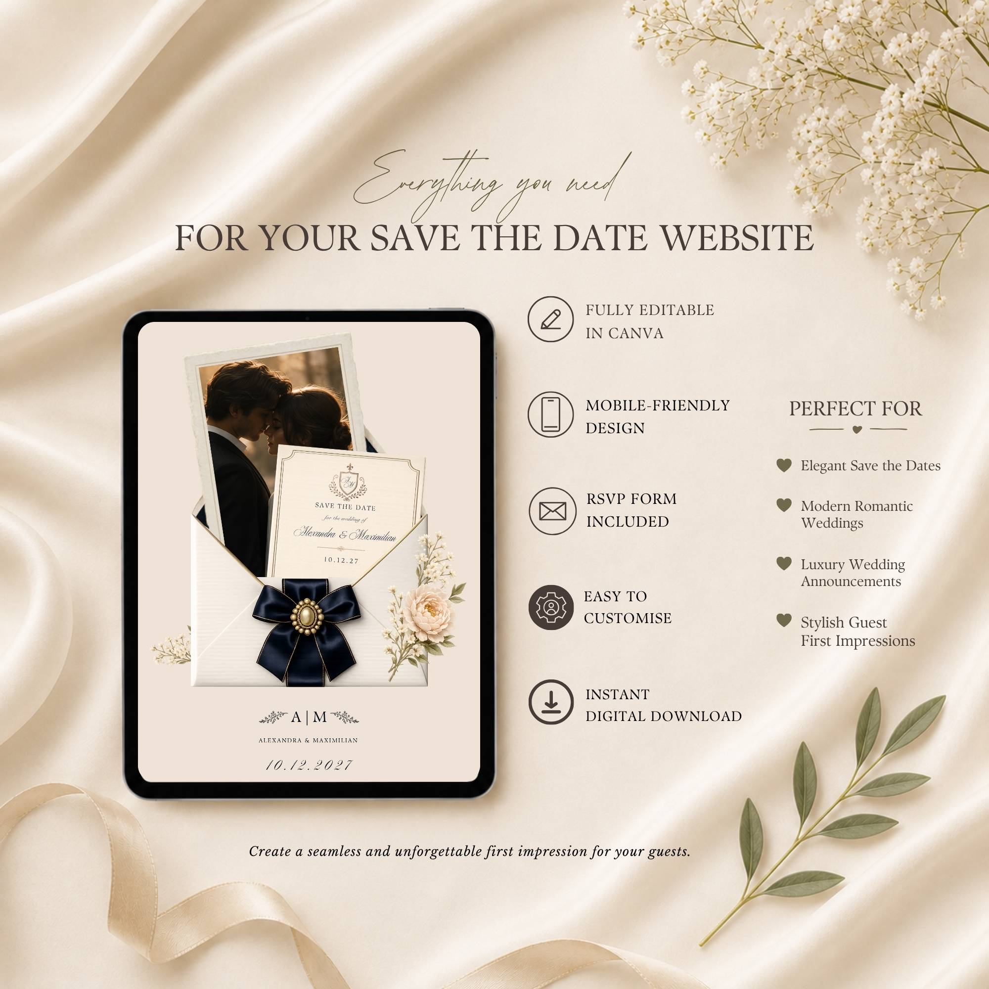 Save the date website template featuring wedding announcement details, RSVP form, and photo sections.