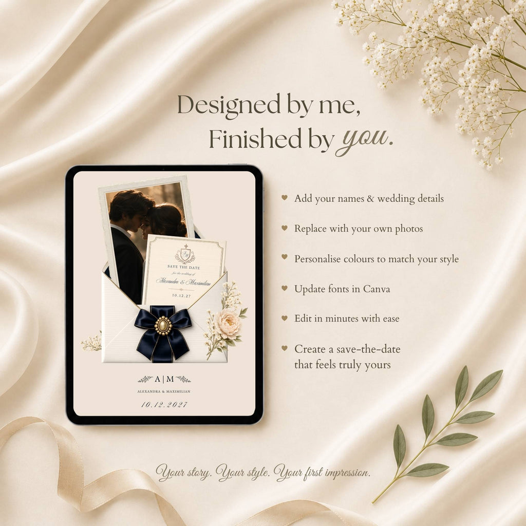 Editable Canva save the date website template with customizable colors, fonts, text, and photos.