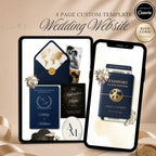 Navy passport destination wedding website template displayed on tablet and phone with RSVP page.