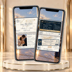 Passport save the date displayed on two phones with couple photo, wedding date, departure board and boarding pass inspired announcement.