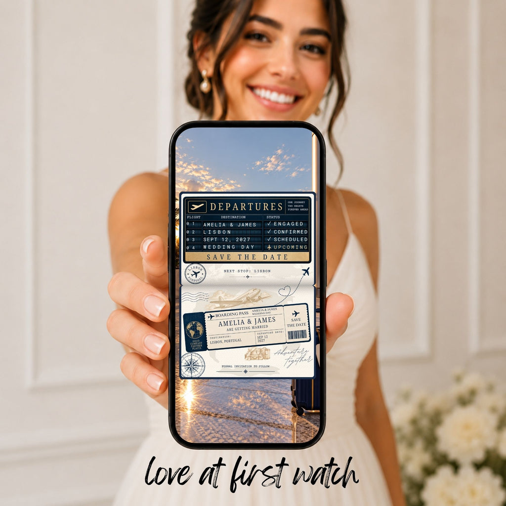Bride holding a phone displaying a navy passport save the date video with departure board and boarding pass wedding announcement.