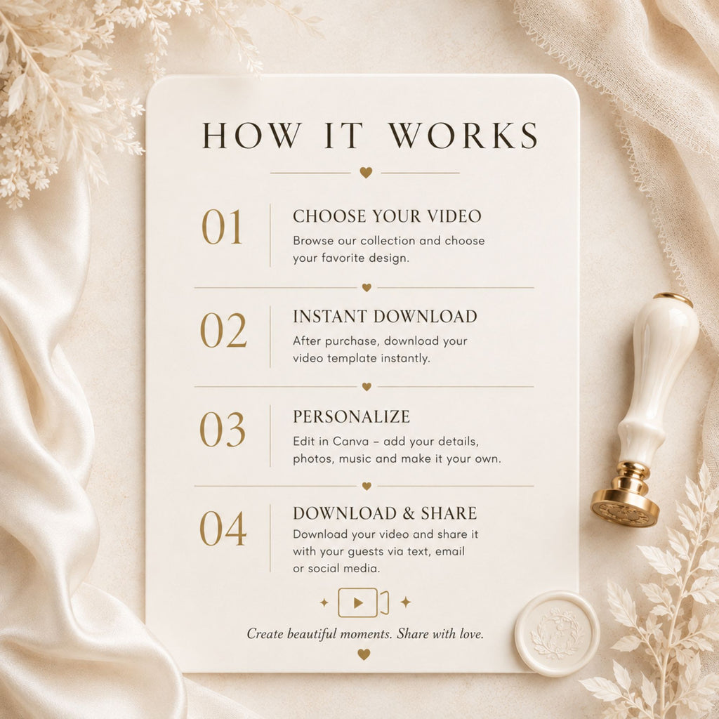 How it works guide for an editable Canva save the date video explaining how to choose, personalise, download and share the template.