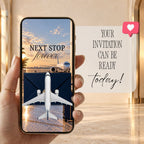 Navy destination wedding save the date video displayed on a phone with animated aeroplane and envelope opening.