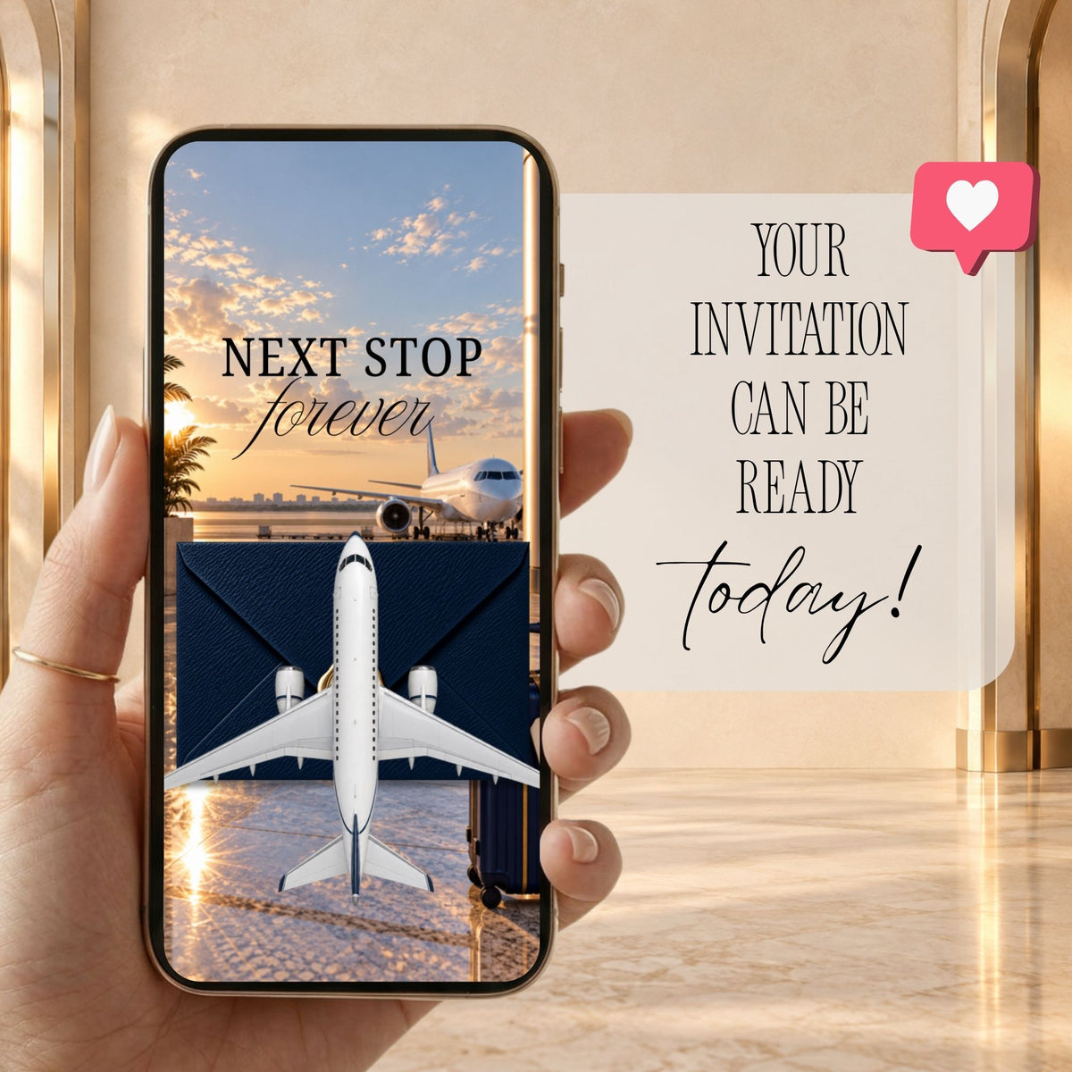 Navy destination wedding save the date video displayed on a phone with animated aeroplane and envelope opening.