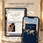 Navy passport save the date video displayed on tablet and phone with gold passport details and an elegant travel inspired wedding design.