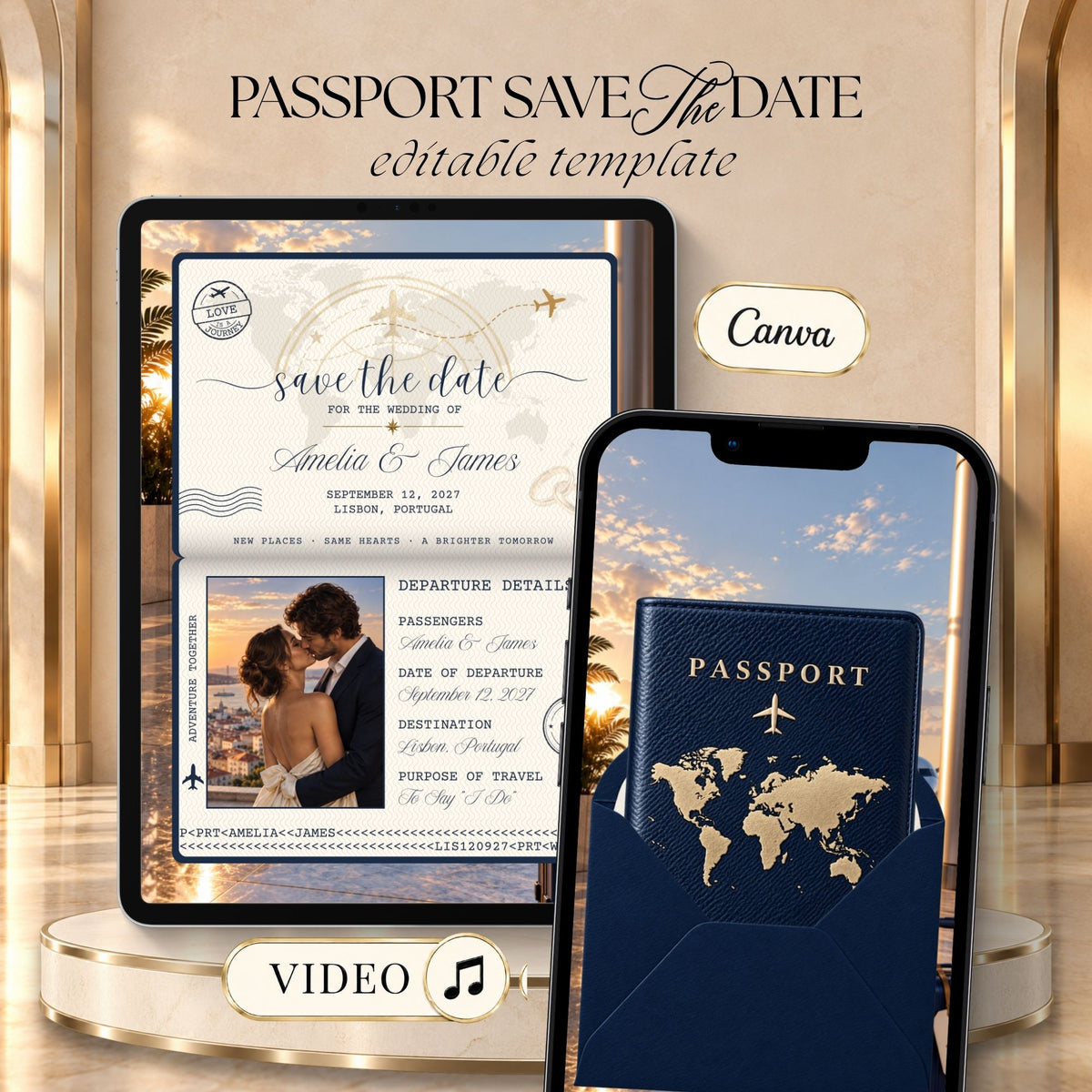 Navy passport save the date video displayed on tablet and phone with gold passport details and an elegant travel inspired wedding design.