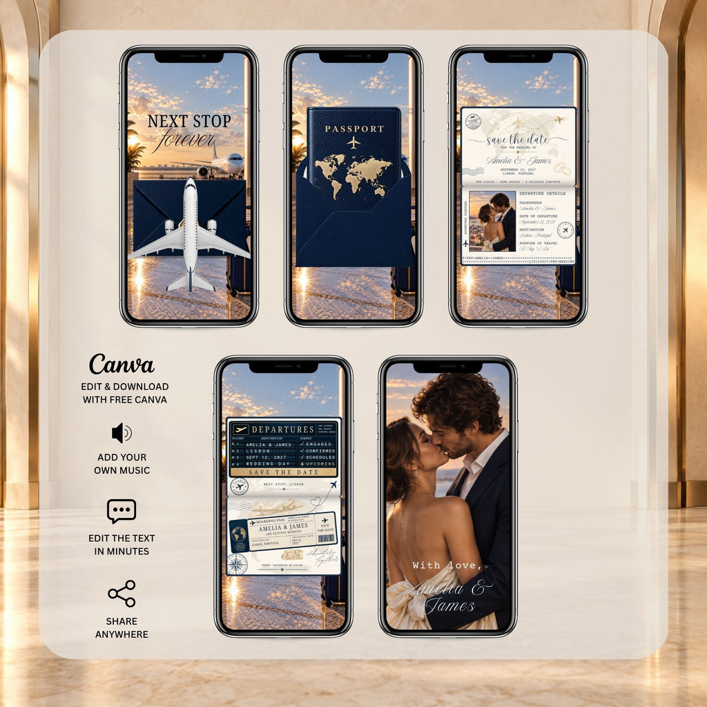 Navy passport save the date video pages showing animated envelope, passport announcement, departure board, boarding pass and couple photo.
