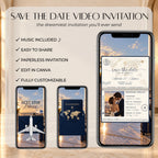 Passport save the date video template with music, editable Canva design, navy passport animation and personalised wedding announcement.