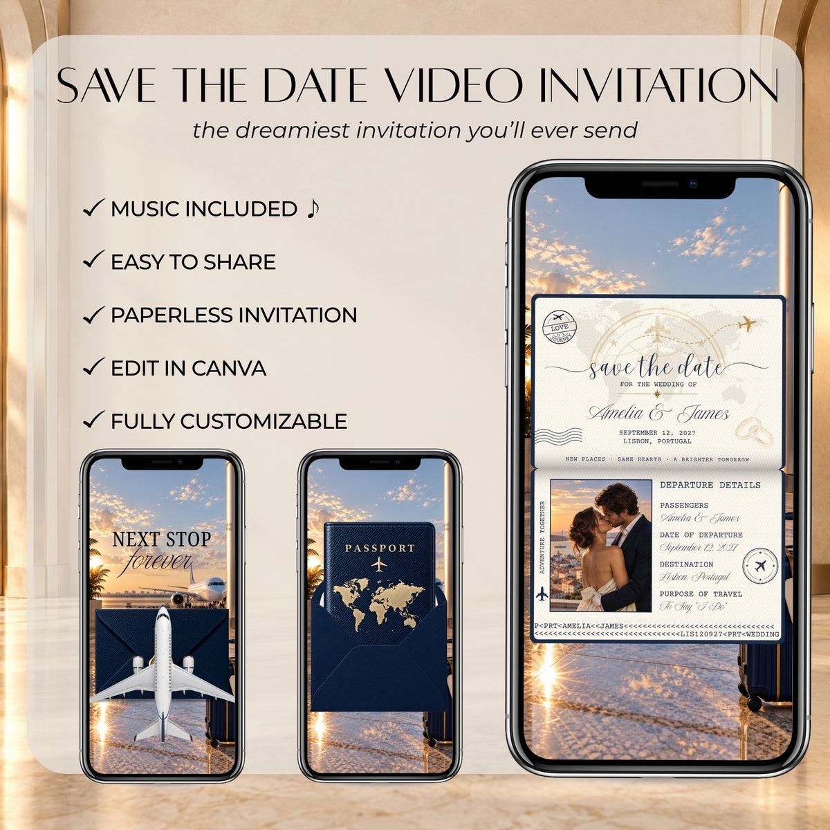 Passport save the date video template with music, editable Canva design, navy passport animation and personalised wedding announcement.