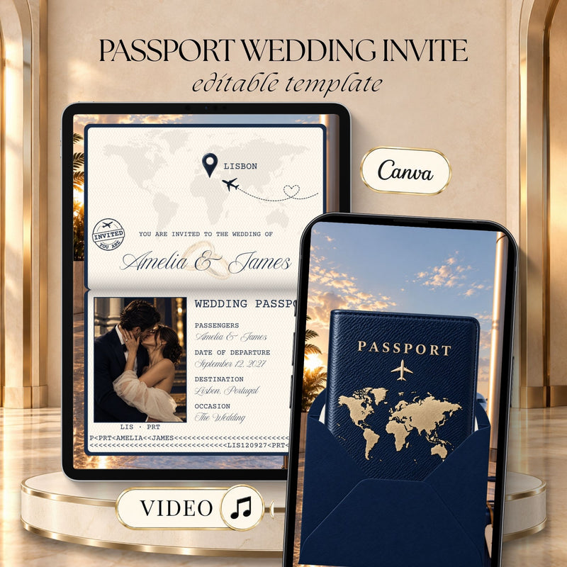 Navy passport wedding video invitation displayed on tablet and phone with gold passport details, envelope and elegant travel inspired wedding design.