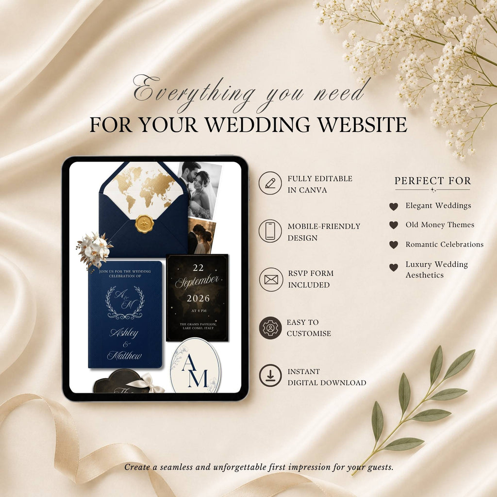 Four-page navy passport wedding website template showing home page, RSVP page, and love story page.