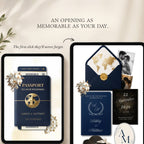Luxury travel-themed wedding website template featuring passport and boarding pass elements.